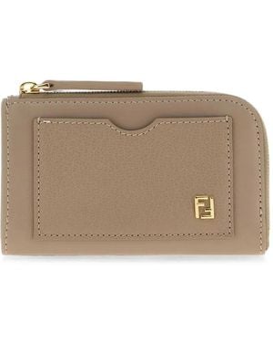 Fendi Ff Logo-Plaque Leather Card Case Pouch - Natural
