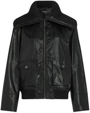 KARL LAGERFELD Knitted Collar Leather Jacket - Black