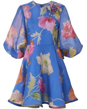 Carolina Herrera Poppy-Print Organza Mini Dress - Blue