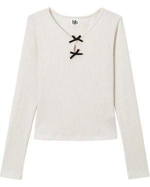B+ AB Bow-Detail Ribbed-Knit T-Shirt - White