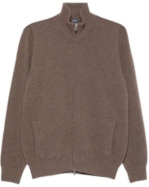 Fedeli Zip-Up Ribbed-Knit Cardigan - Brown