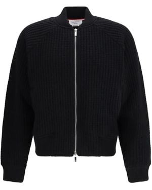 Thom Browne Wool Waffle Raglan 4-Bar Bomber Jacket - Black