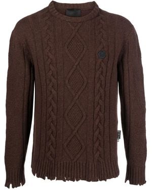 Philipp Plein Distressed Cable-Knit Sweater - Brown