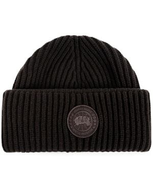 Canada Goose Logo-Patch Ribbed-Knit Beanie Hat - Black