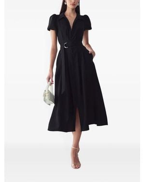 Willa Belted Puff-Sleeve Midi Dress - Black