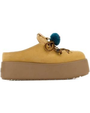 Fendi Nubuck Pompom Platform Mules - Natural