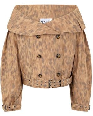 Ganni Leopard-Print Off-Shoulder Jacket - Natural