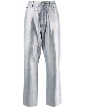 Philipp Plein Denim Pants High Rise Fit Full Crystal - Blue