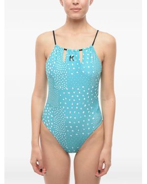 KARL LAGERFELD Logo-Print Open-Back Swimsuit - Blue