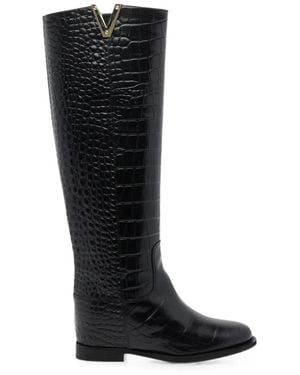 Via Roma 15 Croc-Effect Knee-High Leather Boots - Black