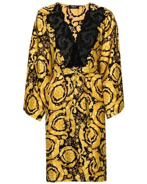 Versace Barocco-Print Silk Robe - Yellow