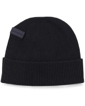 Emporio Armani Ribbed-Knit Logo-Patch Beanie Hat - Blue