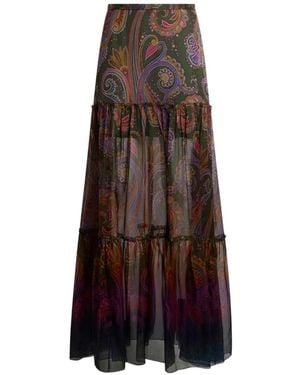 Etro Silk Maxi Skirt With Placed Paisley Print - Brown