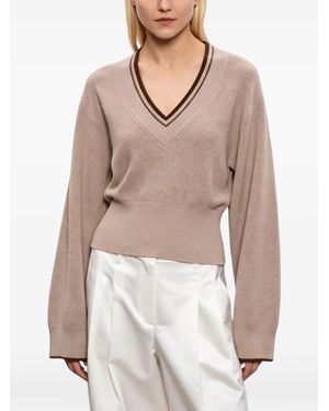 Brunello Cucinelli Pullover Mit V-Ausschnitt Und Gestreiftem Besatz - Weiß