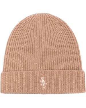 Sporty & Rich Logo-Embroidered Ribbed-Knit Beanie - Natural