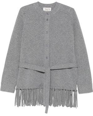Twp Belted Fringe-Trim Cardigan - Grey