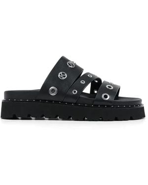 KARL LAGERFELD Eyelet-Embellished Logo-Plaque Flat Sandals - Black