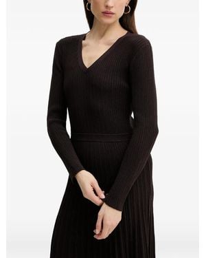 Morgan V-Neck Ribbed Midi Dress - Black