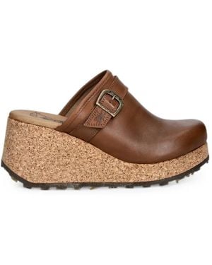 Fly London Buckle-Detail Cork-Wedge Mules - Brown