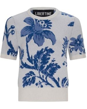 Libertine Floral-Intarsia Short-Sleeve Jumper - Blue