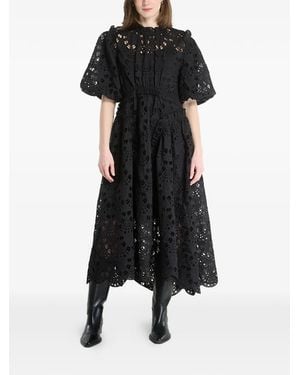 AllSaints Odette Broderie-Anglaise Puff-Sleeve Midi Dress - Black