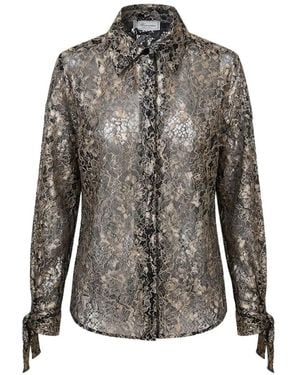 Blumarine Tie-Cuff Floral-Lace Shirt - Grey