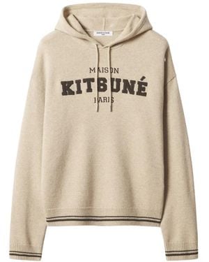 Maison Kitsuné Logo-Print Knitted Hoodie - Natural