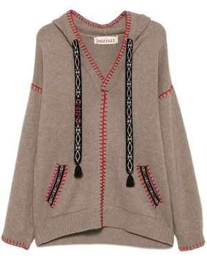 BAZISZT Kafti Embroidered-Stitch Drawstring Hoodie - Brown