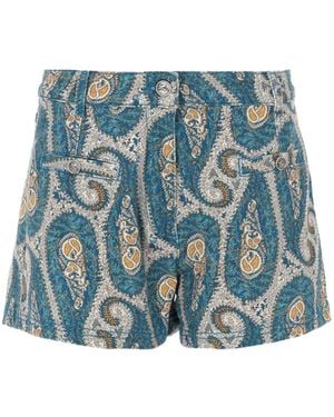 Etro Stretch Cotton Denim Shorts With All-Over Paisley Print - Blue