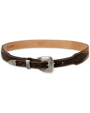 Stetson Floral-Tooled Leather Belt - White