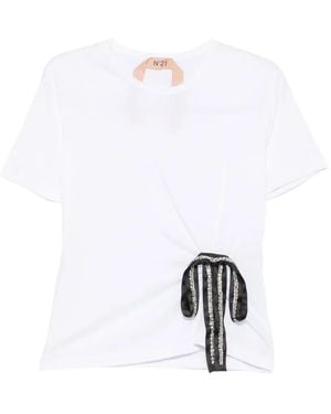 N°21 Bow-Detail Crystal-Embellished T-Shirt - White