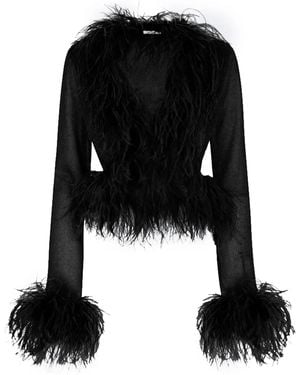 Oséree Lumière Feather-Trim Shirt - Black