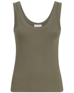 Brunello Cucinelli Stretch Cotton Ribbed Jersey Top With Monili - Green
