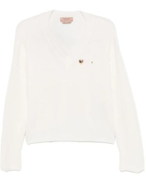 Twinset Ribbed-Knit V-Neck Sweater - White