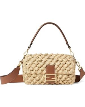 Fendi Medium Baguette Hazelnut-Stitch Raffia Shoulder Bag - Metallic