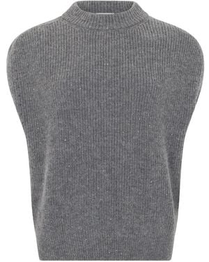 Peserico Sequin-Embellished Ribbed Sleeveless Top - Gray