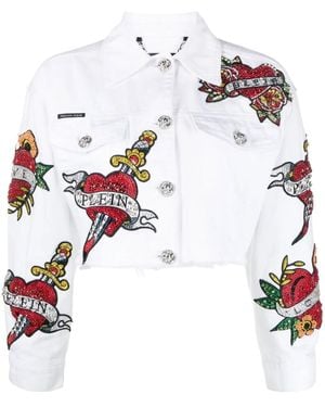 Philipp Plein Cropped Love Denim Jacket - White