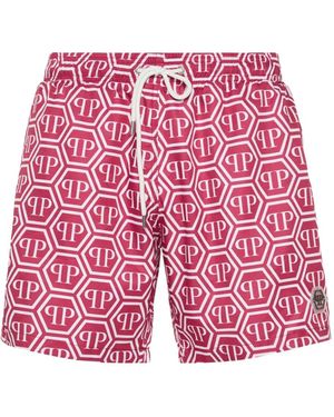 Philipp Plein Monogram Hexagon Swim Shorts - Red