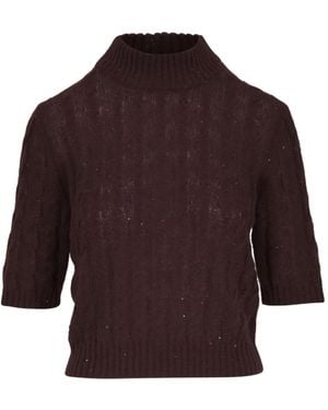 Brunello Cucinelli Cable-Knit Sequin-Detail T-Shirt - Red