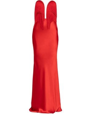 Nissa Fringe Satin Maxi Dress - Red