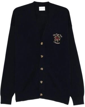 Drole de Monsieur Rose-Embroidery Button-Up Cardigan - Blue