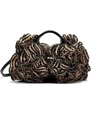 Ganni Mini Ruffled Straw Tote Bag - Black
