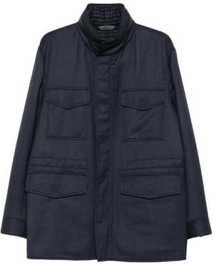 Brioni Manteau Bordé De Cuir À Poches Poitrine - Blue