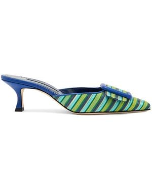 Manolo Blahnik Maysalebi Striped Buckle Mules - Green