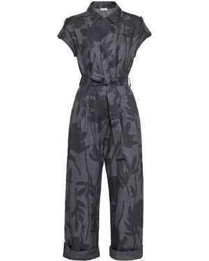 Brunello Cucinelli Floral-Print Linen Jumpsuit - Blue