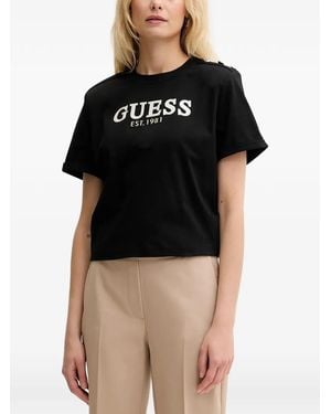 Guess Button-Detail Logo-Print T-Shirt - Black