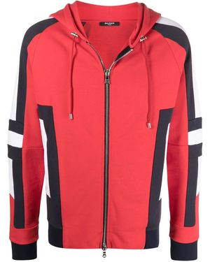 Balmain Contrast-Panel Zip-Up Hoodie - Red