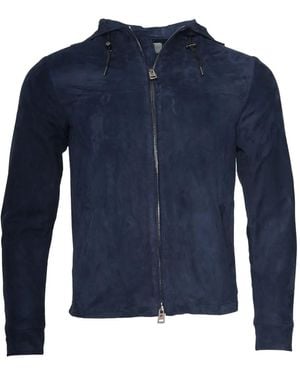 Kiton Hooded Suede Zip-Up Jacket - Blue