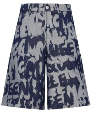 McQueen Graffiti-Print Denim Shorts - Blue