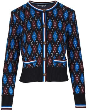 Veronica Beard Sylvane Argyle Button Cardigan - Blue